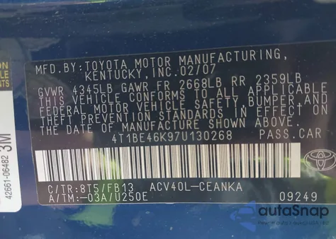 2007 Toyota Camry Le from USA, damaged, VIN 4T1BE46K97U130268